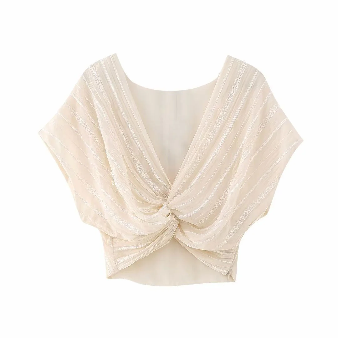 Dainty Lace Panel Deep V Twist Trim Dolman Sleeve Crop Top - Beige - Image 2