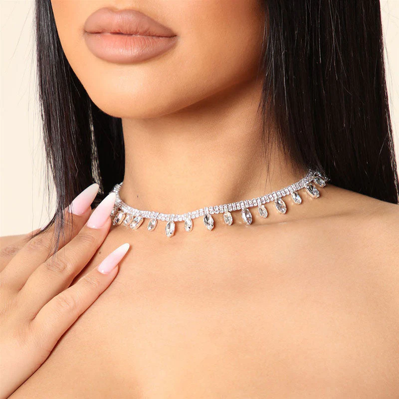 Dainty Marquise Cut Drop Crystal Embellished Tennis NeckLace - Silver - Image 3