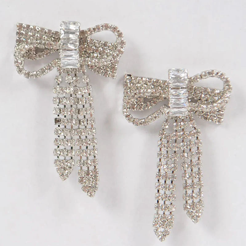 Dainty Plated Crystal Embellished Bow Drop Earrings - Silver - Image 2