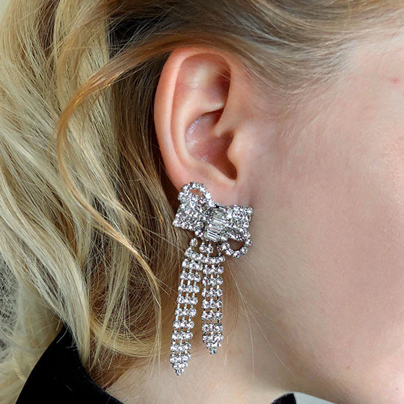 Dainty Plated Crystal Embellished Bow Drop Earrings - Silver - Image 3