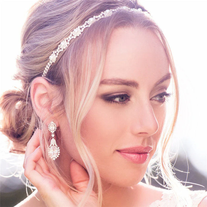 Dainty Silver Plated Pearl Beaded Rhinestone Embellished Headband - Silver - Image 2