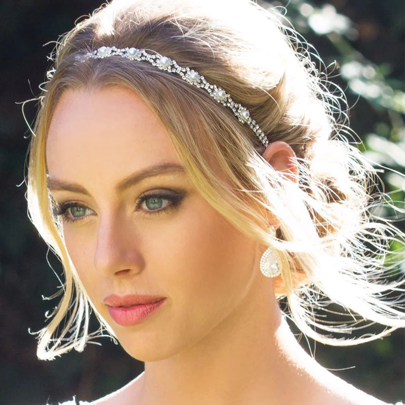 Dainty Silver Plated Pearl Beaded Rhinestone Embellished Headband - Silver - Image 3