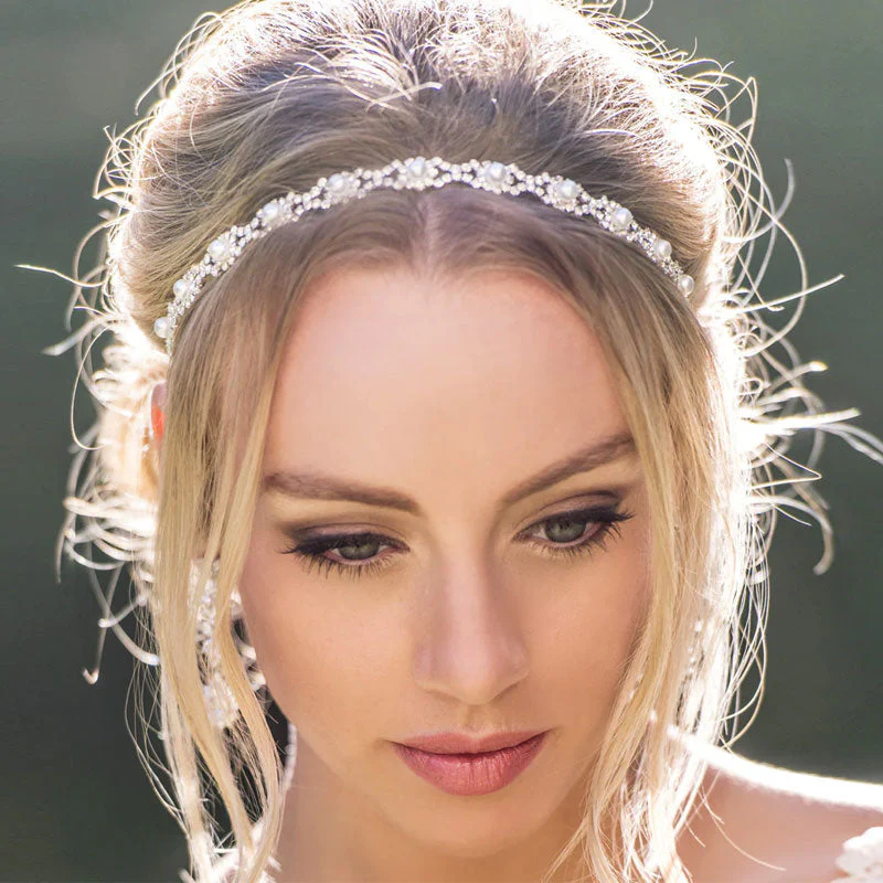 Dainty Silver Plated Pearl Beaded Rhinestone Embellished Headband - Silver - Image 4