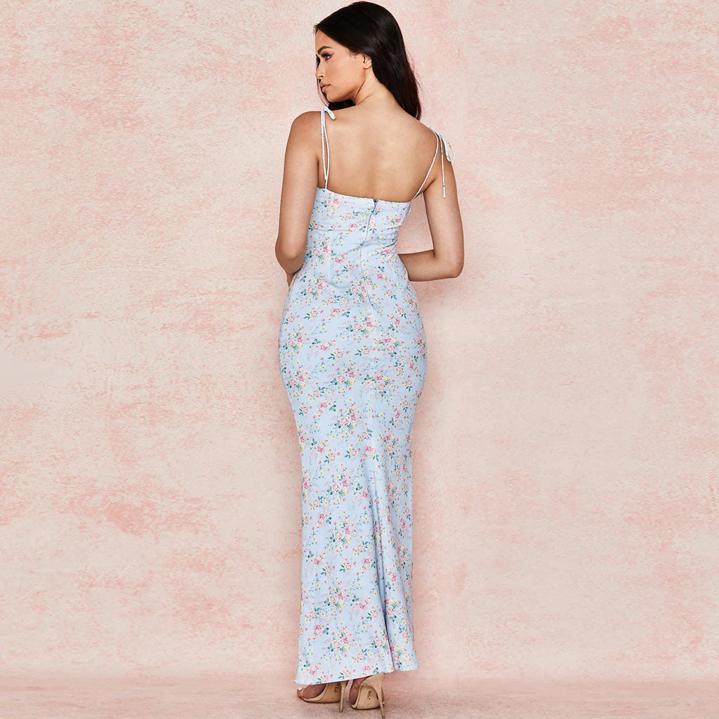 Daisy Printed Floss Strap Tied Bustier Slip Maxi Dress - Blue - Image 3