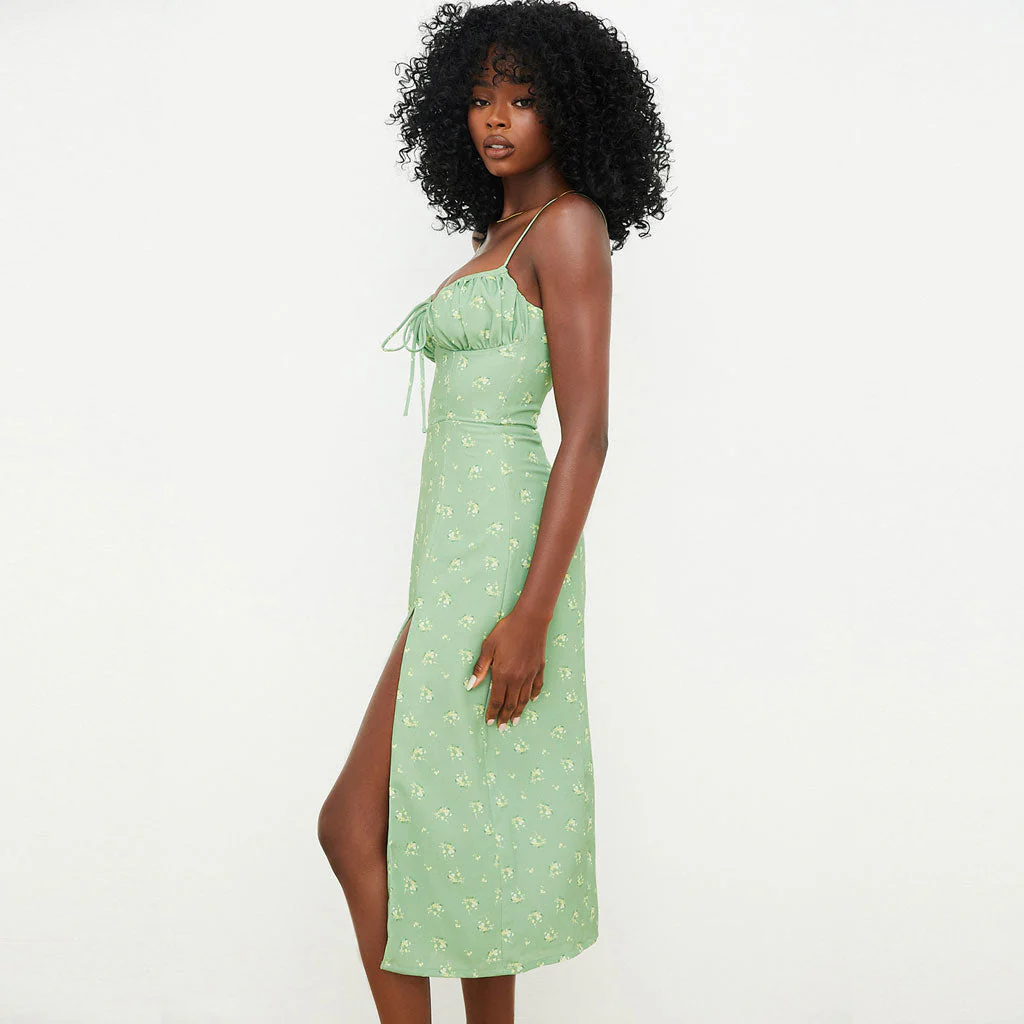 Daisy Printed Tied Bustier High Slit Slip Midi Dress - Light Green - Image 2