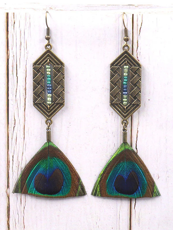 Dangling Druzy Peacock Feather Earrings - Image 2