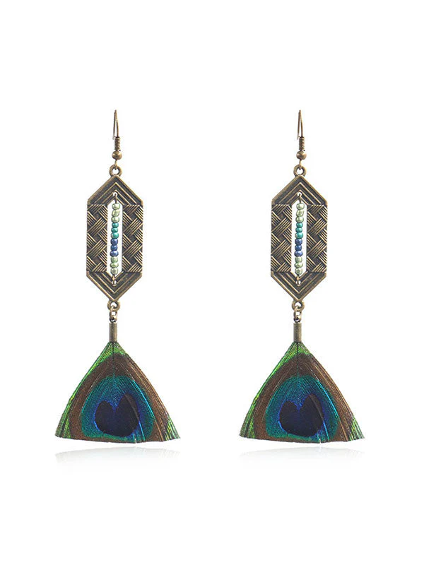 Dangling Druzy Peacock Feather Earrings - Image 3