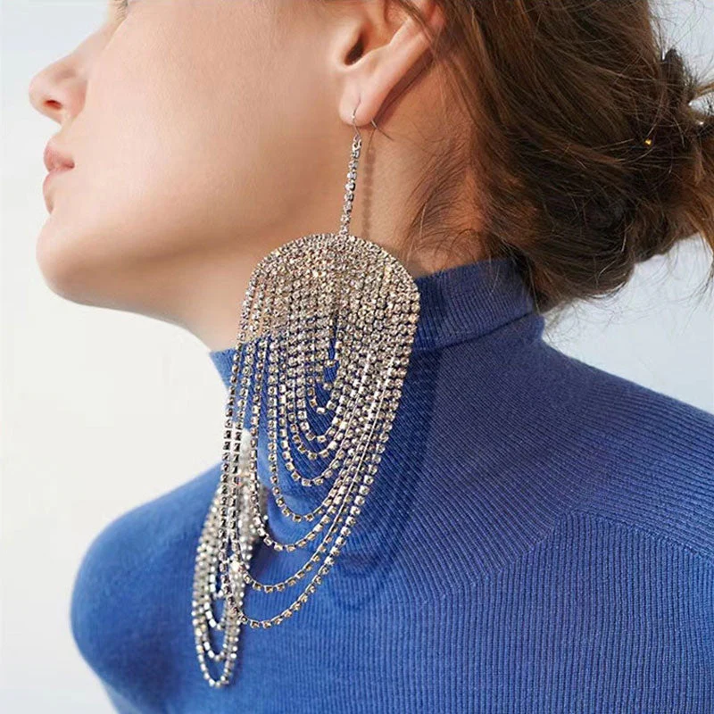 Dangling Multi Layer Rhinestone Tassel Chandelier Earrings - Silver - Image 2