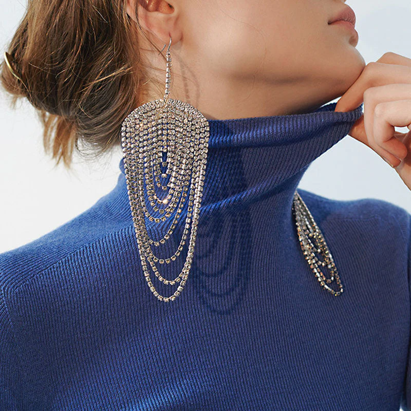 Dangling Multi Layer Rhinestone Tassel Chandelier Earrings - Silver - Image 3