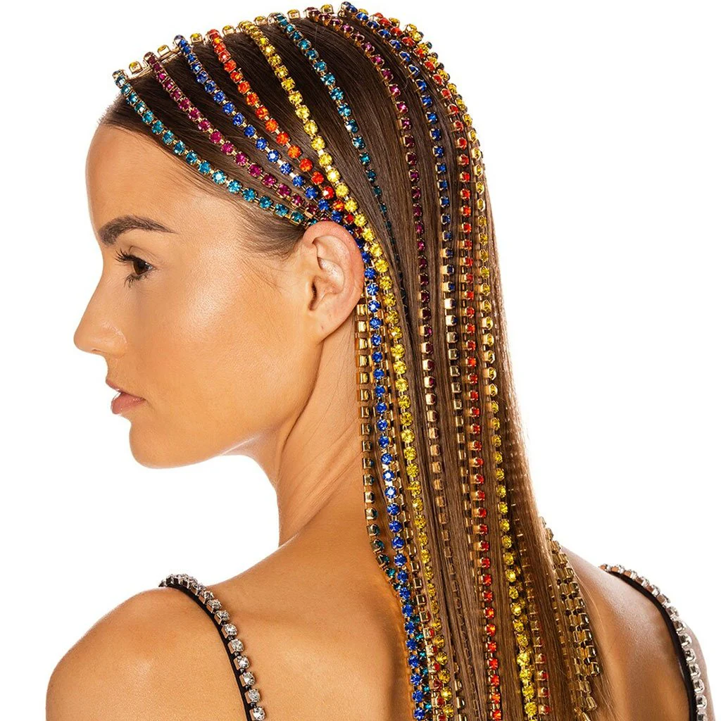 Dangling Rhinestone Embellished Long Fringe Headband - Multicolor - Image 2
