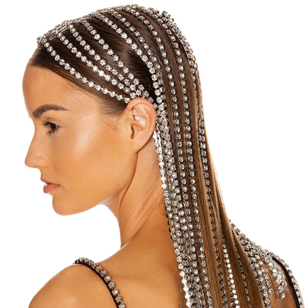 Dangling Rhinestone Embellished Long Fringe Headband - Silver - Image 2