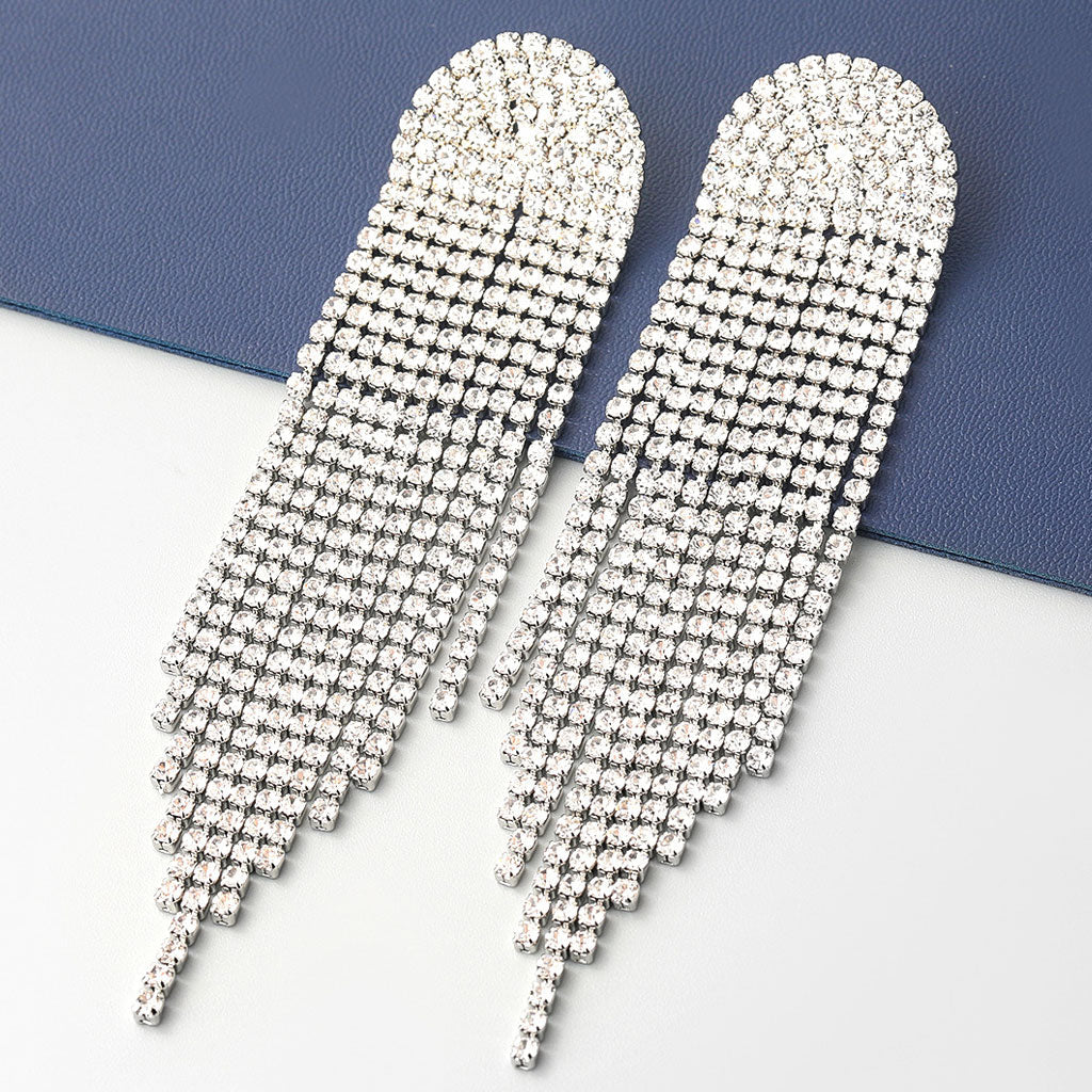 Dangling Rhinestone Embellished Long Tassel Drop Earrings - Silver - Image 2