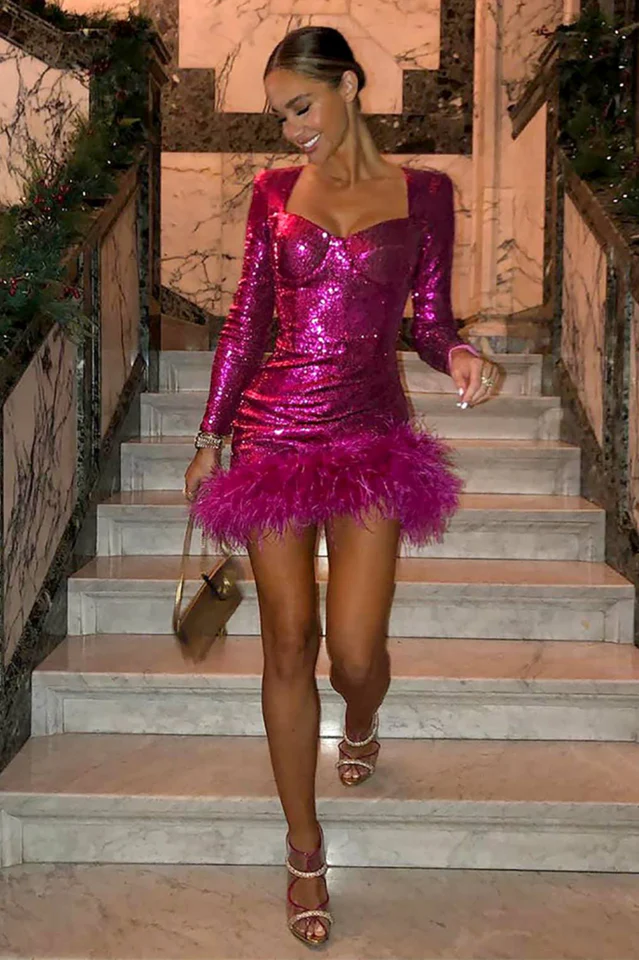 Daria Sequin Feather Mini Dress - Image 12