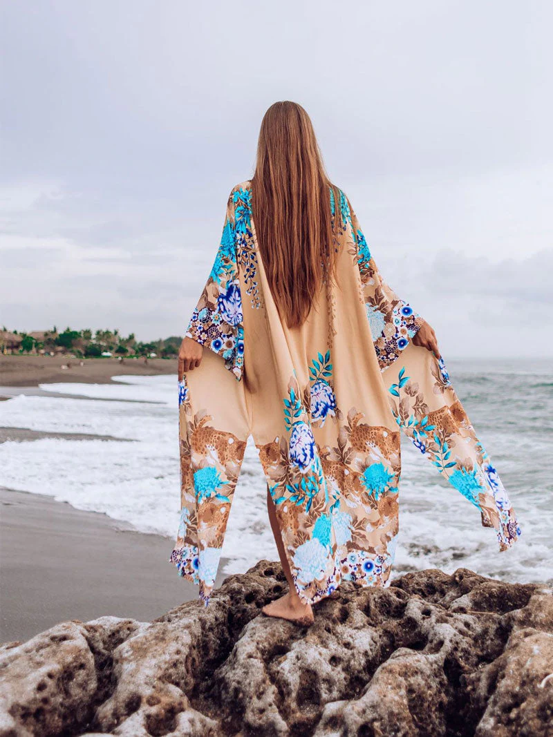 Beachwear Cotton Floral Print With Big Bird on Brown Color Long Length Gown Kimono Duster Robe - Image 2