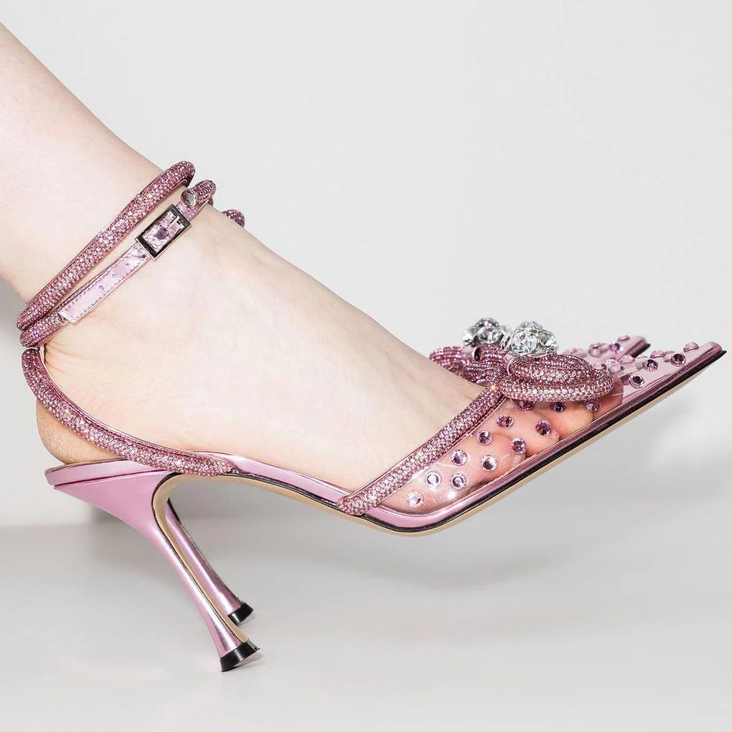 Dazzle Crystal Embellished Bow Clear Pointed Toe Stiletto Pumps - Pink - Image 2