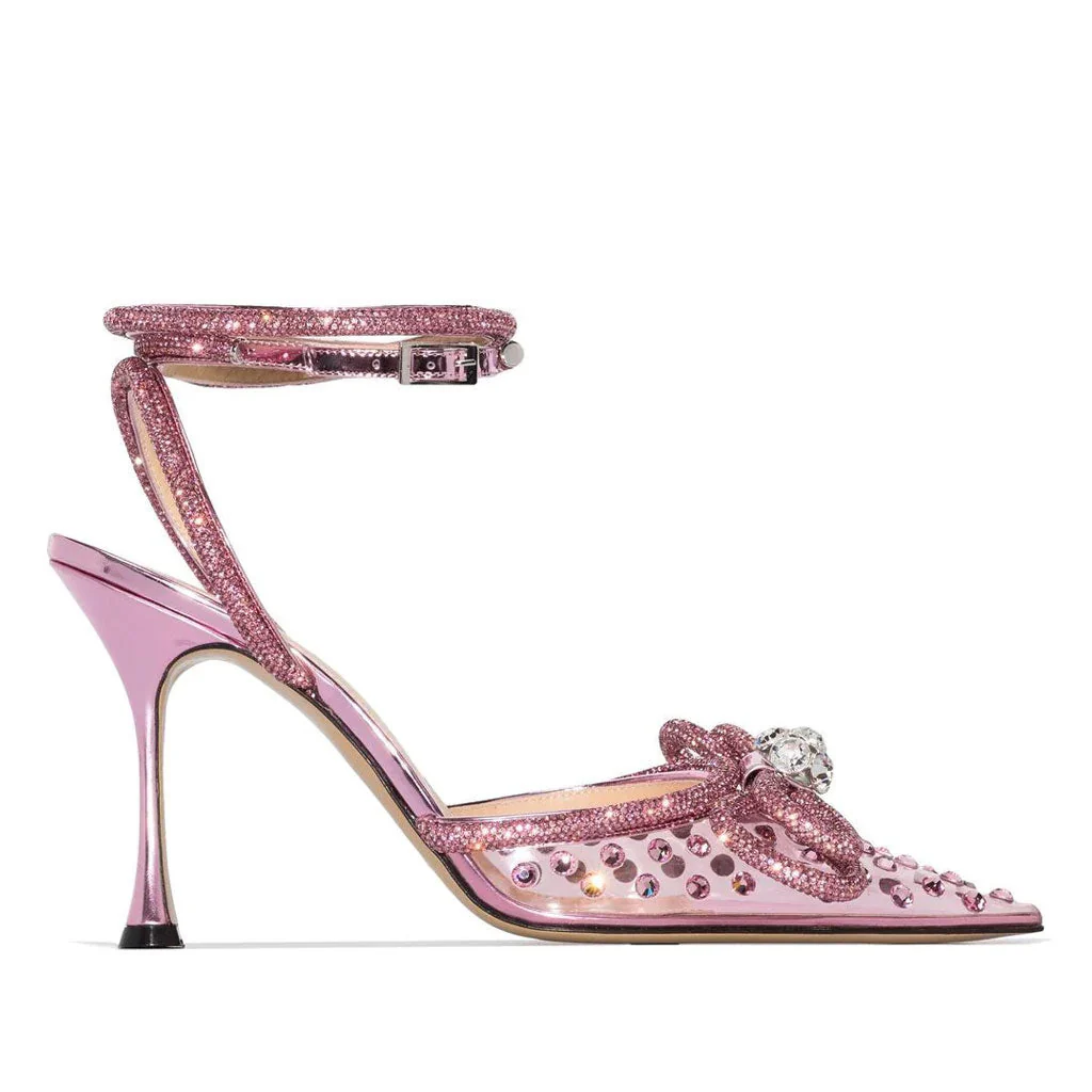 Dazzle Crystal Embellished Bow Clear Pointed Toe Stiletto Pumps - Pink - Image 3