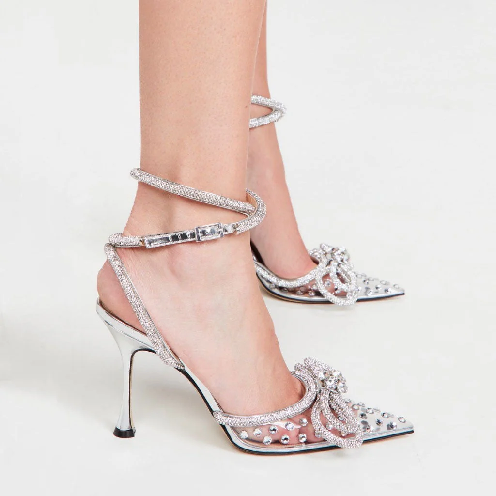 Dazzle Crystal Embellished Bow Clear Pointed Toe Stiletto Pumps - Silver - Image 2