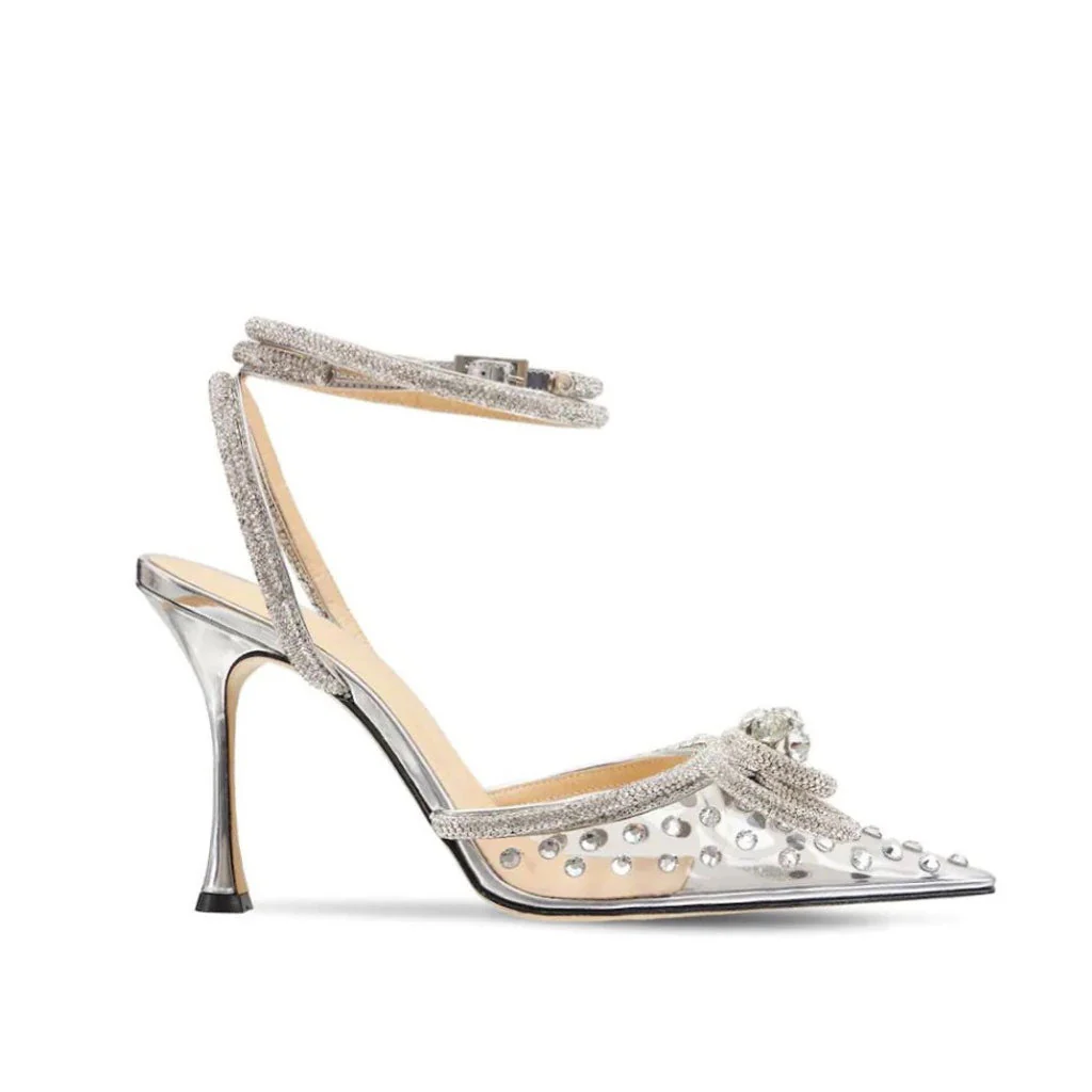 Dazzle Crystal Embellished Bow Clear Pointed Toe Stiletto Pumps - Silver - Image 5