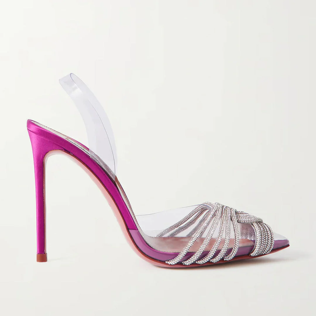 Dazzling Rhinestone Twist Front Pointed Toe PVC High Heel Pumps - Pink - Image 4