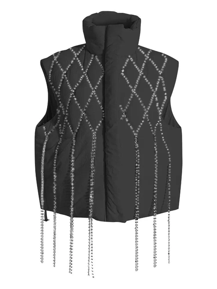 DEAT Women's Waistcoat Loose Stand Collar Single Breasted  Sleeveless Plaid Diamonds Tassel Vest Winter 2023 1DF2572 - Image 2