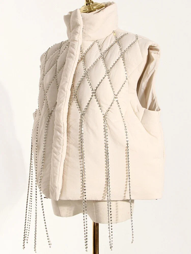 DEAT Women's Waistcoat Loose Stand Collar Single Breasted  Sleeveless Plaid Diamonds Tassel Vest Winter 2023 1DF2572 - Image 3