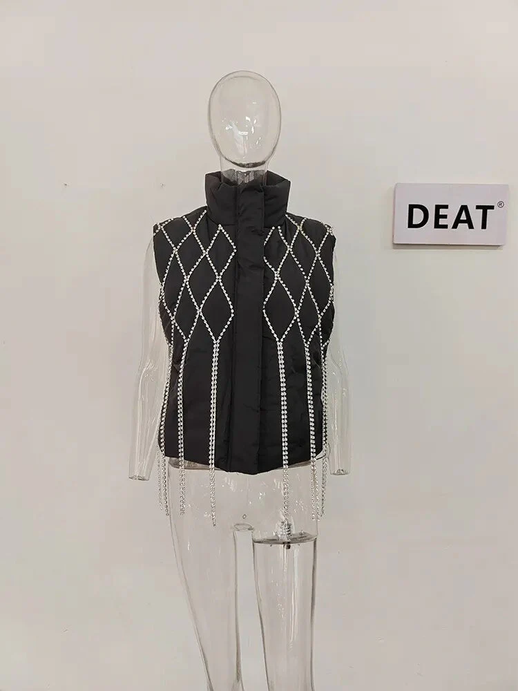DEAT Women's Waistcoat Loose Stand Collar Single Breasted  Sleeveless Plaid Diamonds Tassel Vest Winter 2023 1DF2572 - Image 7