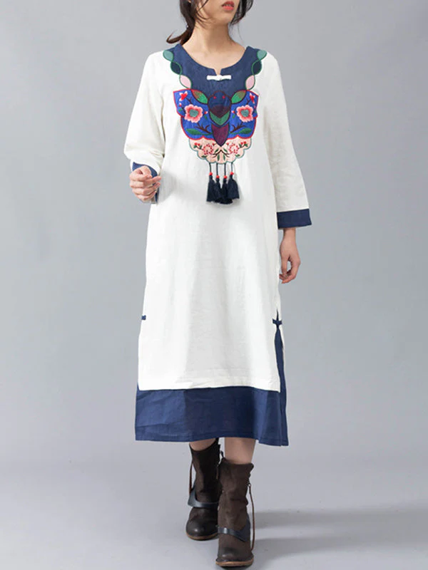 Debora Contrasting Floral Embroidered Midi Dress with Tassels - Image 3