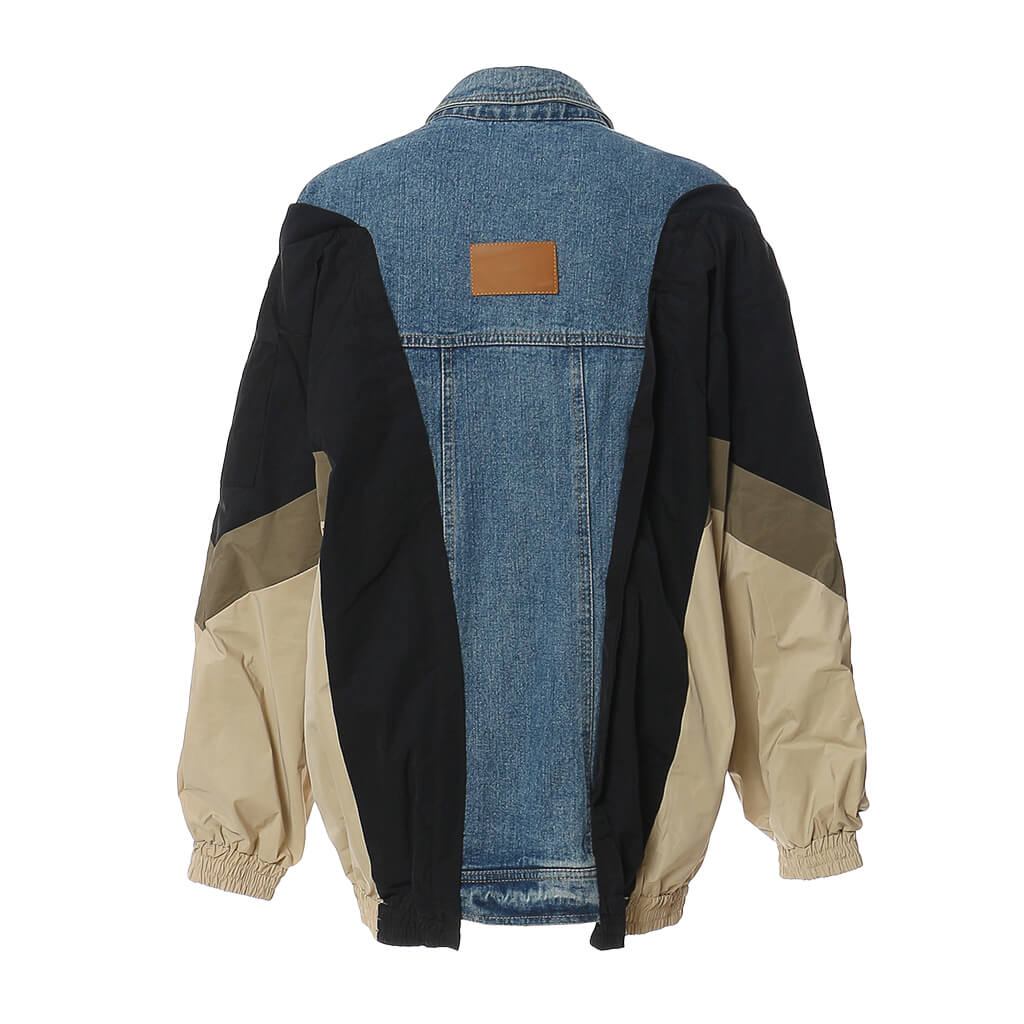 Deconstructed Contrast Denim Collared Button Down Hybrid Bomber Jacket - Image 2