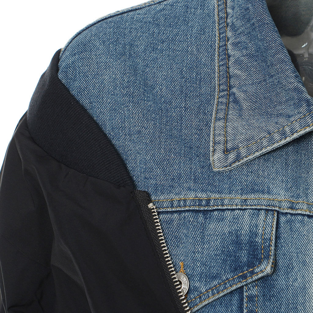 Deconstructed Contrast Denim Collared Button Down Hybrid Bomber Jacket - Image 3