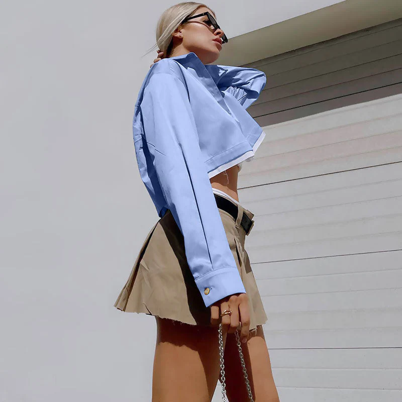 Deconstructed Distressed Trim Button Up Long Sleeve Collared Crop Shirt - Blue - Image 3