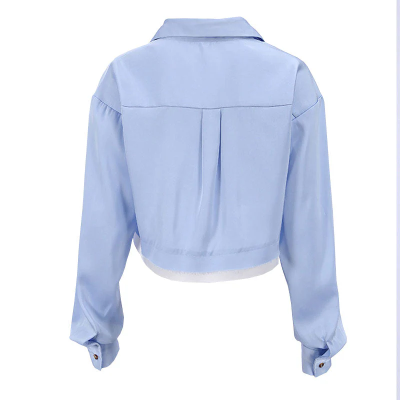 Deconstructed Distressed Trim Button Up Long Sleeve Collared Crop Shirt - Blue - Image 4
