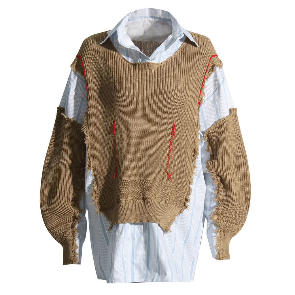 Deconstructed Frayed Trim Contrast Stitch Layer Effect Oversized Shirt - Stripe - Image 2