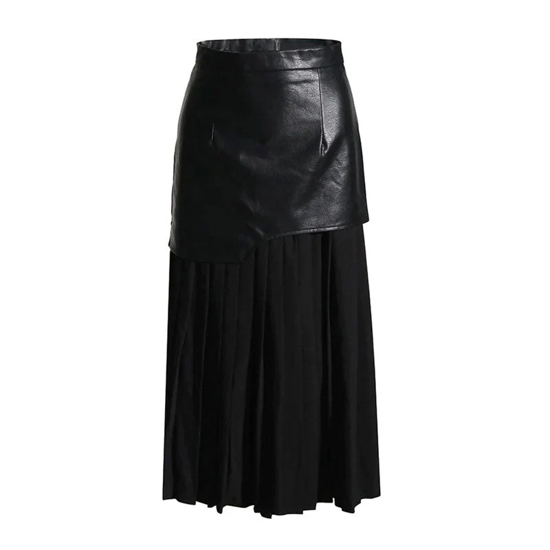 Deconstructed High Rise Vegan Leather Layered Midi Pleated Skirt - Black - Image 2
