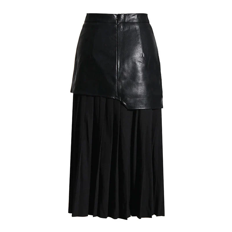 Deconstructed High Rise Vegan Leather Layered Midi Pleated Skirt - Black - Image 3