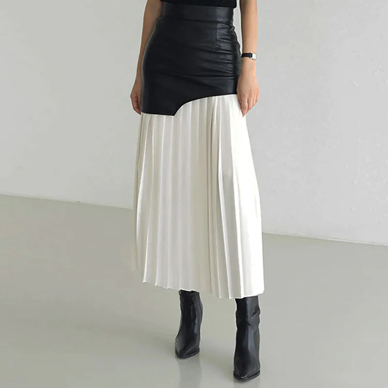 Deconstructed High Rise Vegan Leather Layered Midi Pleated Skirt - White - Image 2