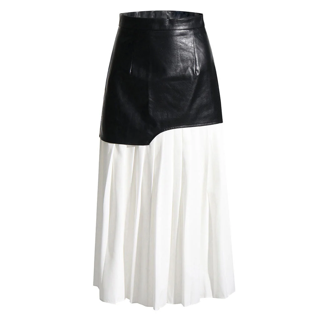 Deconstructed High Rise Vegan Leather Layered Midi Pleated Skirt - White - Image 4