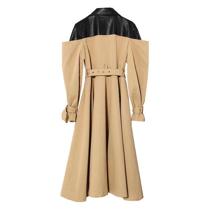 Deconstructed Hybrid Faux Leather Panel Lapel Collar Double Breasted Trench Coat - Image 2