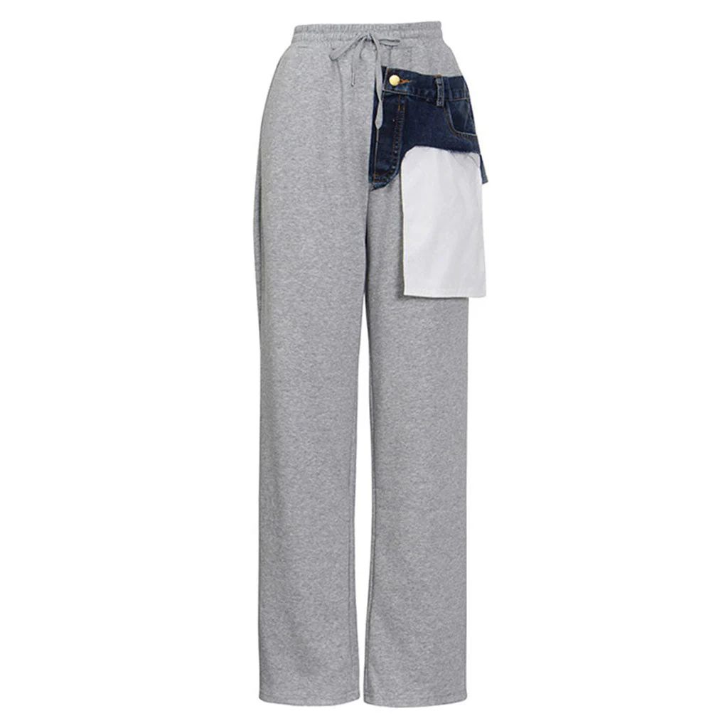 Deconstructed Inverted Pocket Denim Applique High Waist Sweatpants - Image 2
