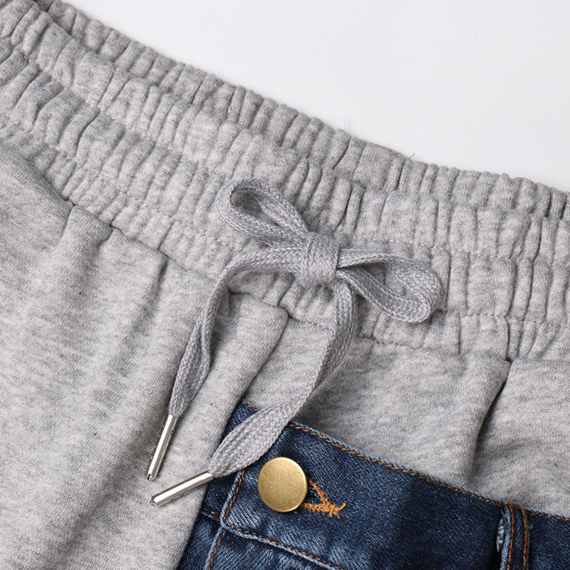 Deconstructed Inverted Pocket Denim Applique High Waist Sweatpants - Image 4
