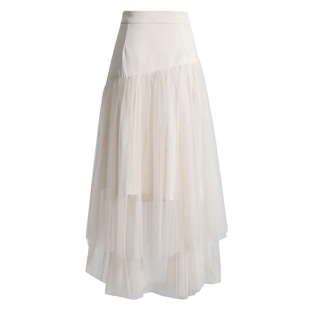 Deconstructed Macrame Fringe Detail High Waist Tiered Tulle Midi Skirt - Image 2
