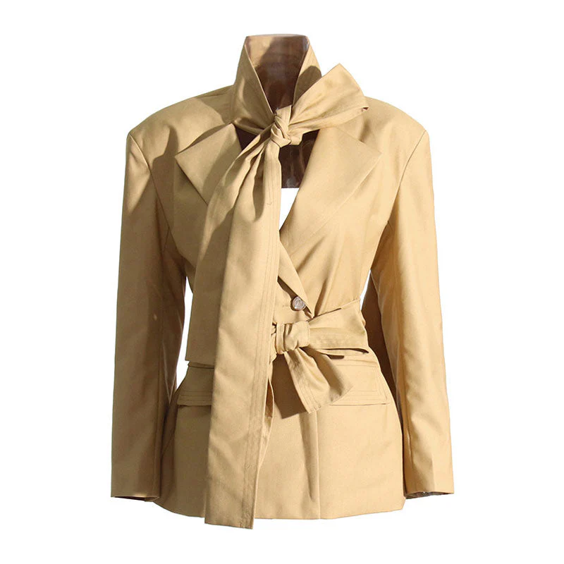 Deconstructed Tie Collar Shoulder Pad Single Breasted Cut Out Back Belted Blazer - Image 3