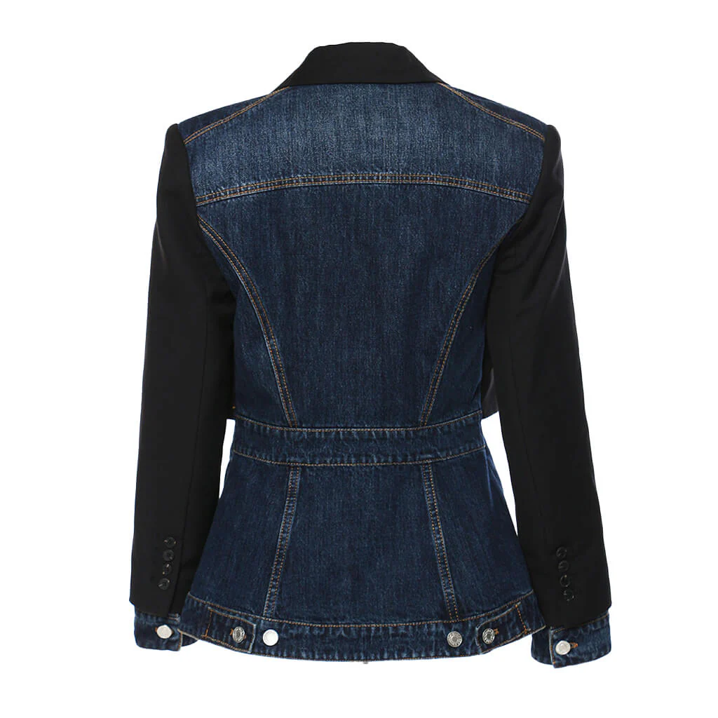 Deconstructed Two Tone Lapel Collar Single Breasted Hybrid Layered Denim Blazer - Image 2