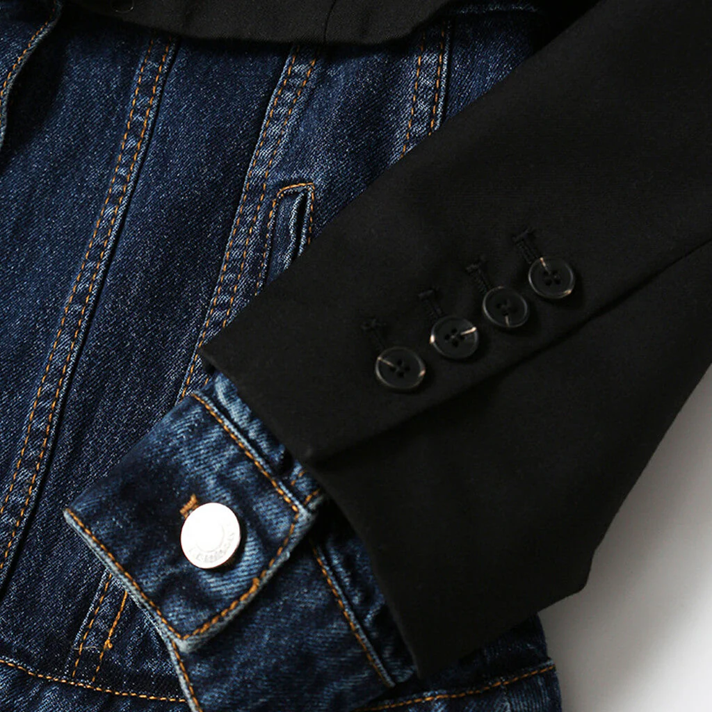 Deconstructed Two Tone Lapel Collar Single Breasted Hybrid Layered Denim Blazer - Image 4