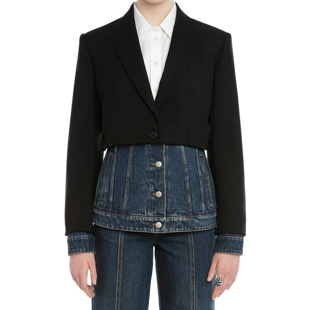 Deconstructed Two Tone Lapel Collar Single Breasted Hybrid Layered Denim Blazer - Image 5