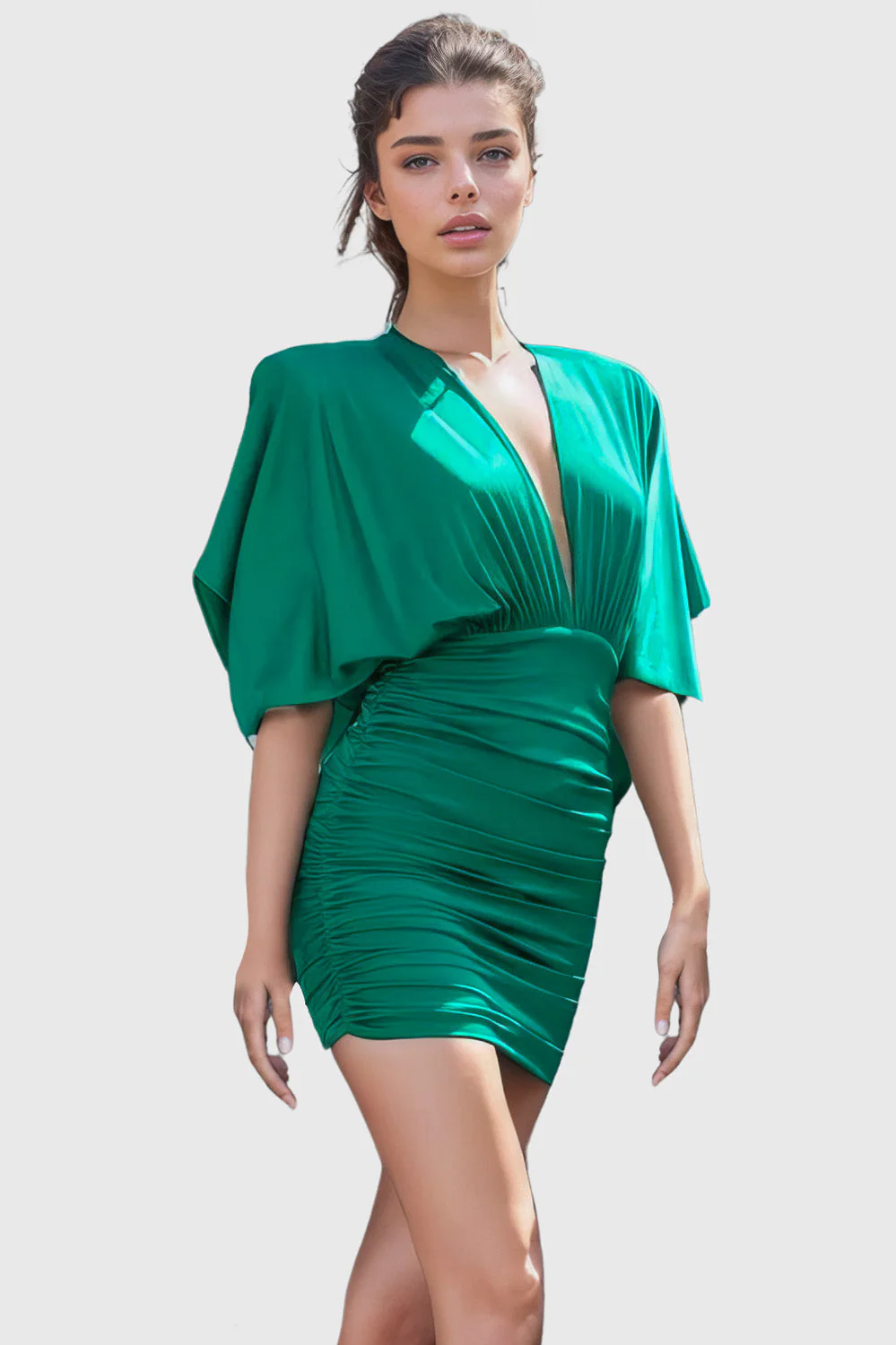 Deep V Neckline Mini Dress - Green - Image 2