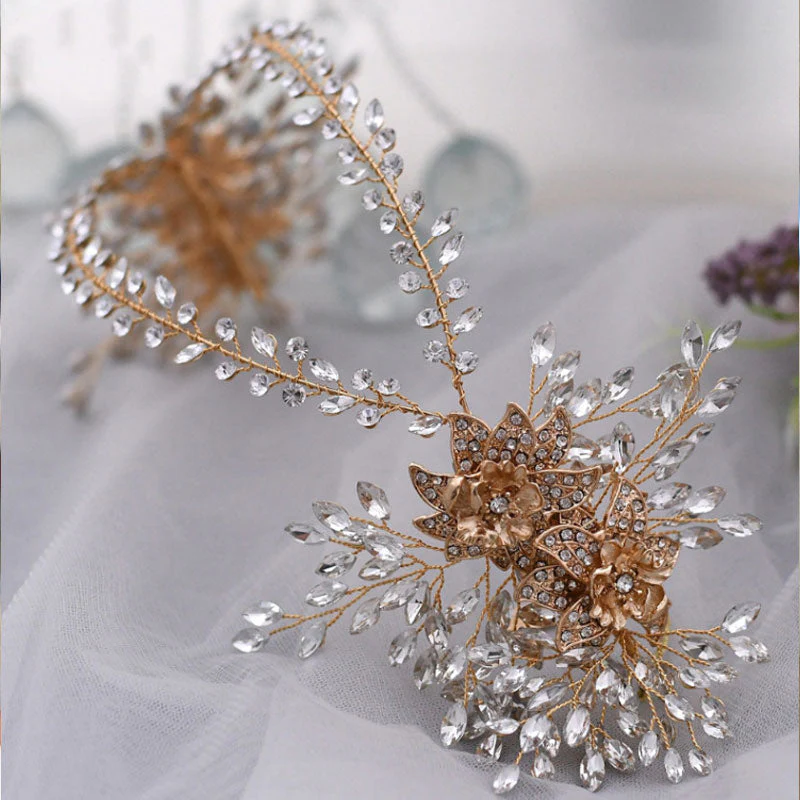 Delicate Floral Rhinestone Embellished Layered Headband Vine - Gold - Image 3