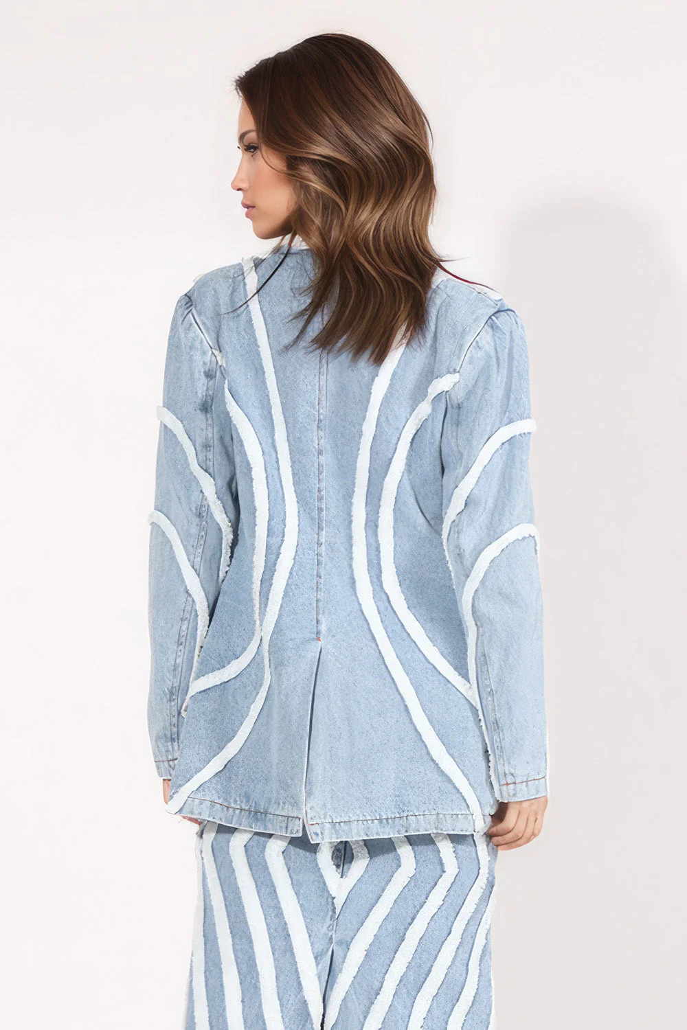 Denim Blazer with Textured Details - Light Blue - Image 3