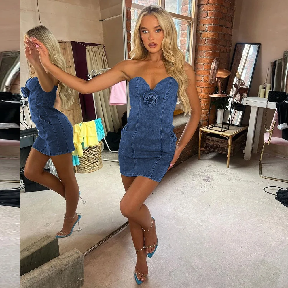 DENIM SleeveLESS Mini Dress with FLowER DETAIL - Image 4