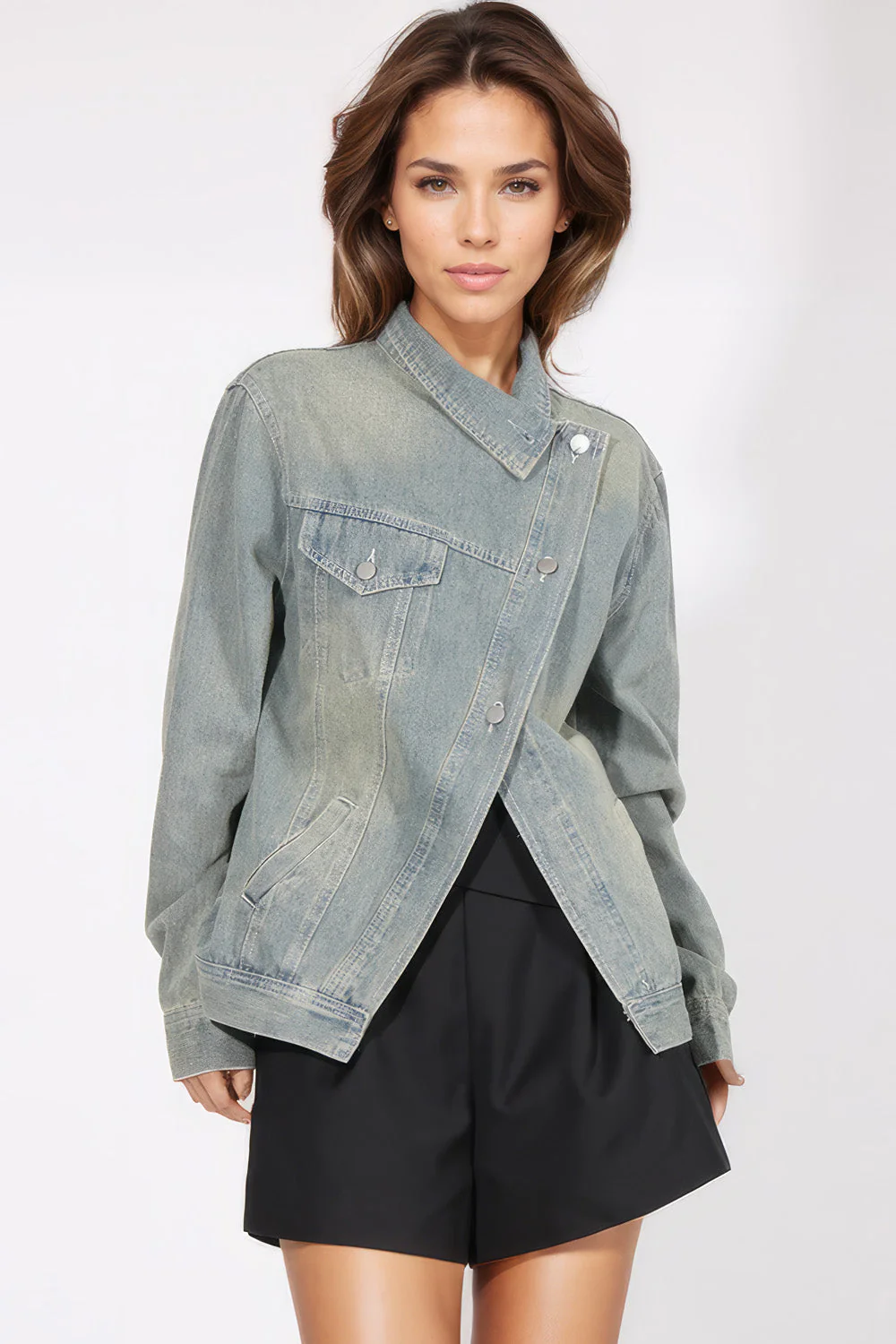 Denim Jacket with Irregular Closure - Blue - Image 2