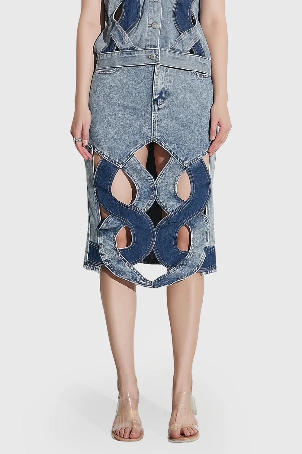 Denim Midi Skirt with Cuts - Blue - Image 4